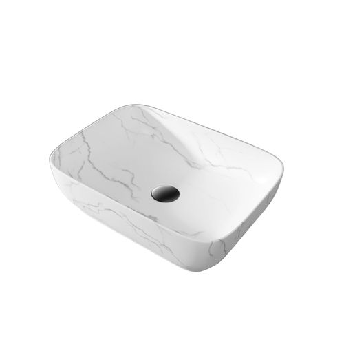 Vasque à Poser Rectangle En Céramique Blanche Mat Effet Marbre - 45,5x32,5x13 Cm - White Marble