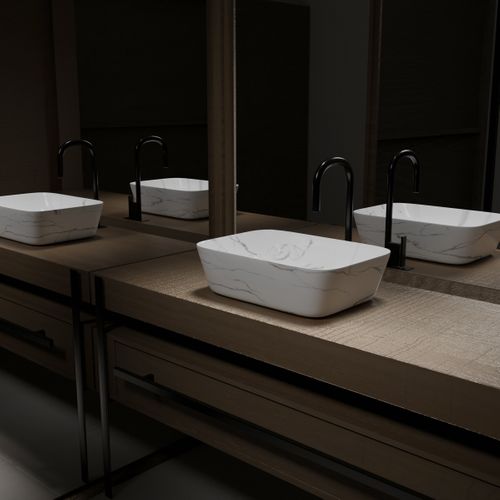 Vasque à Poser Rectangle En Céramique Blanche Mat Effet Marbre - 45,5x32,5x13 Cm - White Marble