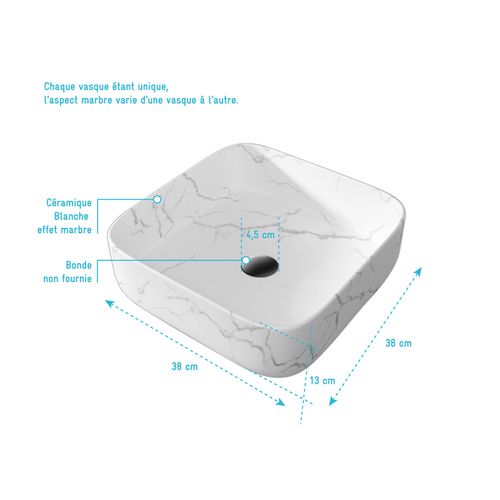 Vasque à Poser Carrée En Céramique Blanche Mat Effet Marbre - 38x38x13 Cm - White Marble