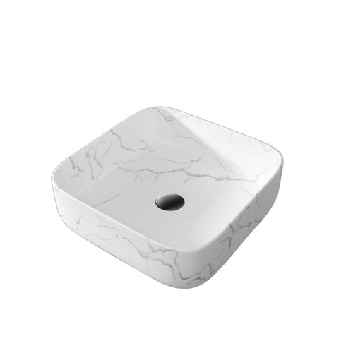 Vasque à Poser Carrée En Céramique Blanche Mat Effet Marbre - 38x38x13 Cm - White Marble