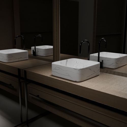 Vasque à Poser Carrée En Céramique Blanche Mat Effet Marbre - 38x38x13 Cm - White Marble