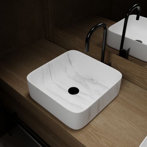 Vasque à Poser Carrée En Céramique Blanche Mat Effet Marbre - 38x38x13 Cm - White Marble