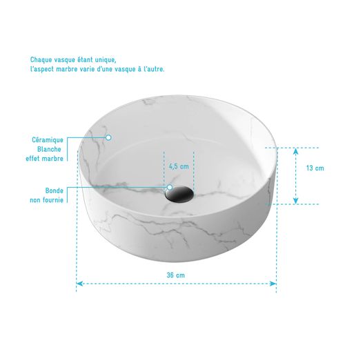 Vasque à Poser Ronde En Céramique Blanche Mat Effet Marbre - 36cm X 13cm - White Marble