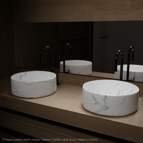 Vasque à Poser Ronde En Céramique Blanche Mat Effet Marbre - 36cm X 13cm - White Marble
