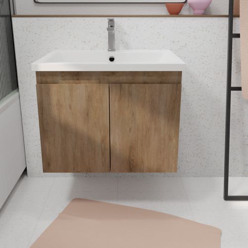 Meuble De Salle De Bains 60cm à Suspendre Décor Bois Clair - 2 Portes - Vasque Blanche - Elementary