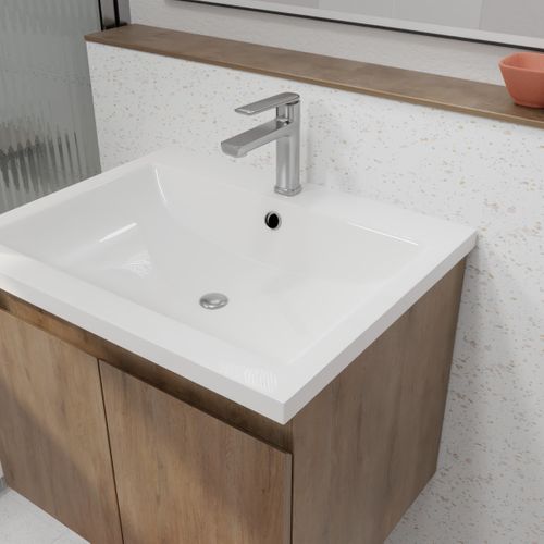 Meuble De Salle De Bains 60cm à Suspendre Décor Bois Clair - 2 Portes - Vasque Blanche - Elementary