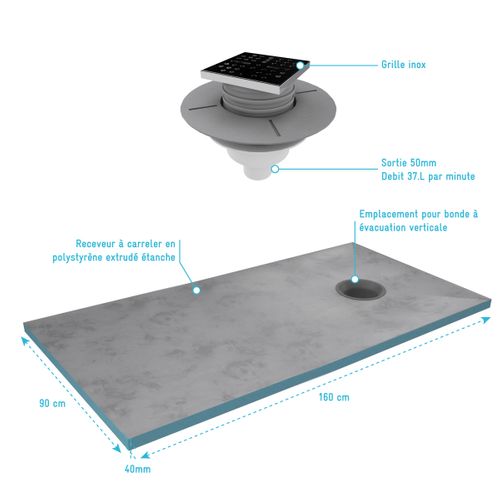 Lot De 2 Receveurs De Douche à Carreler 90x160 Cm Avec Bondes à Sortie Horizontale - Grille Inox