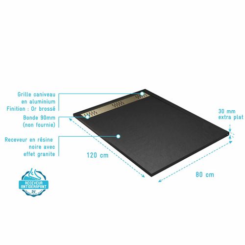 Receveur De Douche En Résine Noir 80x120x3 Cm Effet Pierre Granit + Grille Linéaire Or Brossé