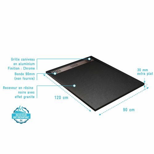 Receveur De Douche En Résine Noir 90x120x3 Cm Effet Pierre Granit + Grille Linéaire Chrome