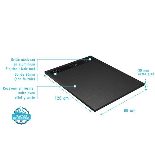 Receveur De Douche En Résine Noir 90x120x3 Cm Effet Pierre Granit + Grille Linéaire Noire Mate