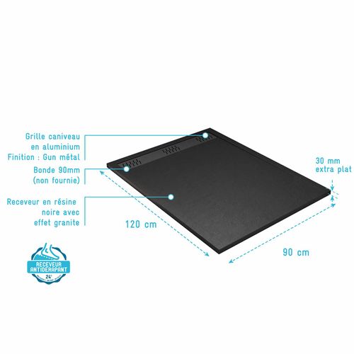 Receveur De Douche En Résine Noir 90x120x3 Cm Effet Pierre Granit + Grille Linéaire Gun Metal