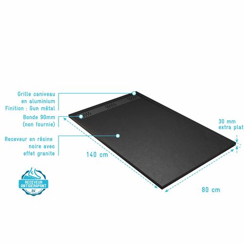 Receveur De Douche En Résine Noir 80x140x3 Cm Effet Pierre Granit + Grille Linéaire Gun Metal