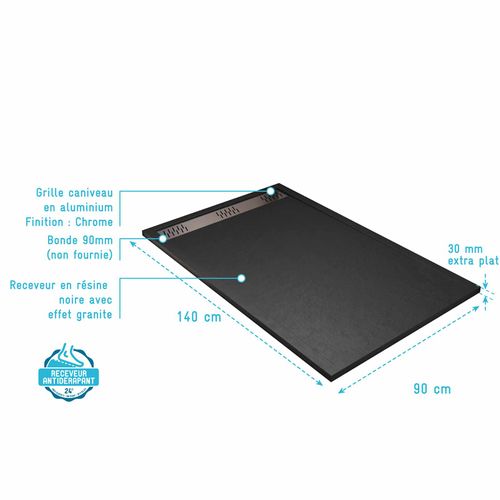 Receveur De Douche En Résine Noir 90x140x3 Cm Effet Pierre Granit + Grille Linéaire Chrome
