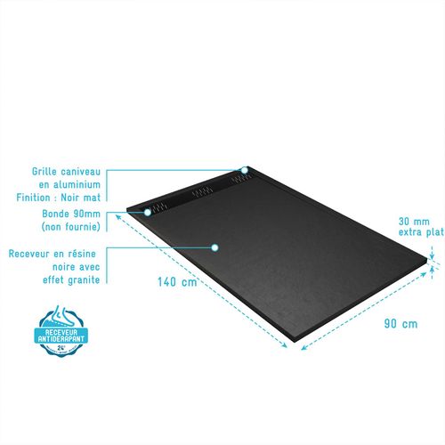 Receveur De Douche En Résine Noir 90x140x3 Cm Effet Pierre Granit + Grille Linéaire Noire Mate