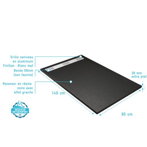 Receveur De Douche En Résine Noir 80x120x3 Cm Effet Pierre Granit + Grille Linéaire Blanche Mate