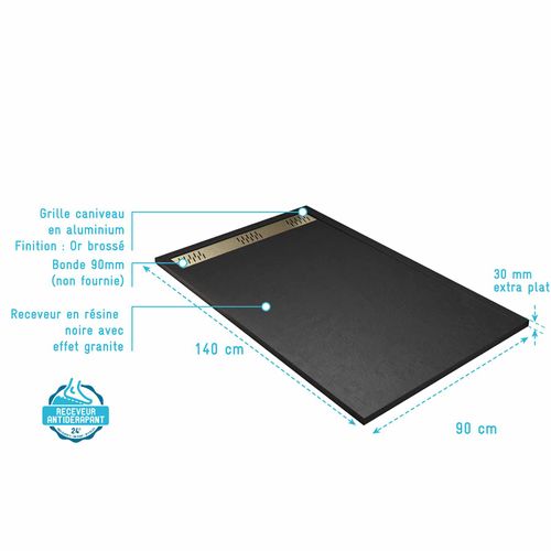 Receveur De Douche En Résine Noir 90x140x3 Cm Effet Pierre Granit + Grille Linéaire Or Brossé