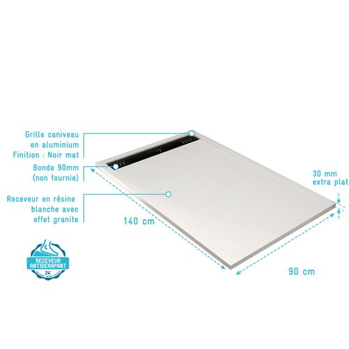 Receveur De Douche En Résine Blanc 90x140x3 Cm Effet Pierre Granit + Grille Linéaire Noire Mate