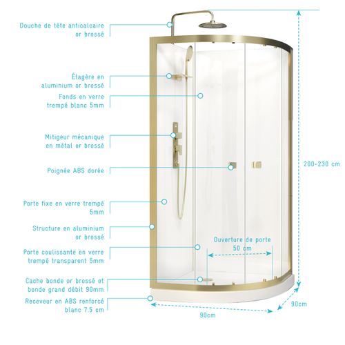 Cabine De Douche Design Doré En Aluminium - 90x90 Cm - Doré
