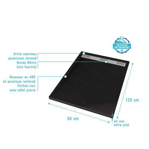 Receveur En Acrylique Noir Effet Pierre 90x120x4 Cm - Grille Linéaire Chrome - Meteora