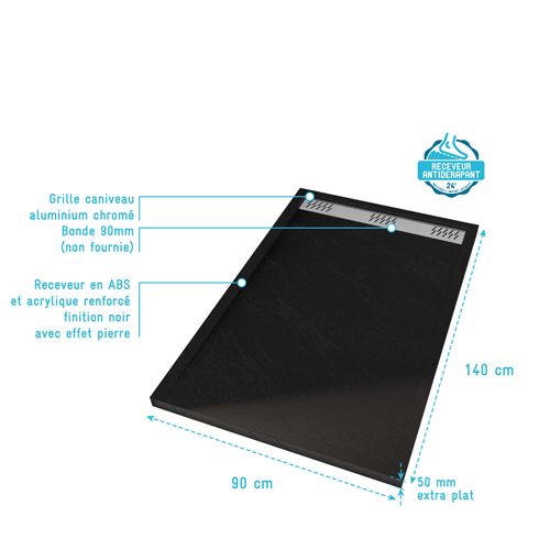 Receveur En Acrylique Noir Effet Pierre 90x140x5 Cm - Grille Linéaire Chrome - Meteora