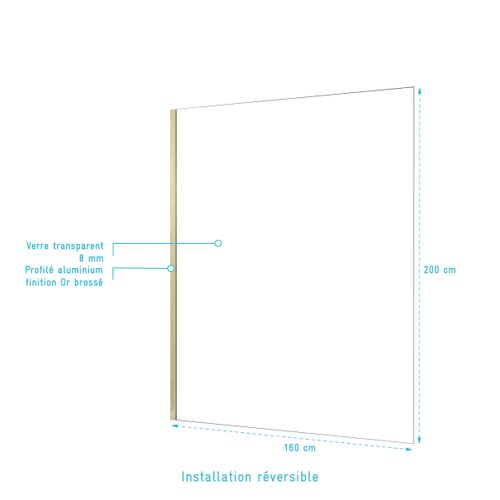 Paroi De Douche à L'italienne 160x200 Cm Verre Trempé 8 Mm - Or Doré Brossé - Freedom 2 Gold