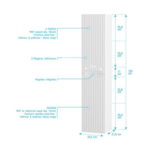 Colonne De Salle De Bain Blanc Neige Suspendu - Hauteur 120 Cm - 2 Portes - Leon