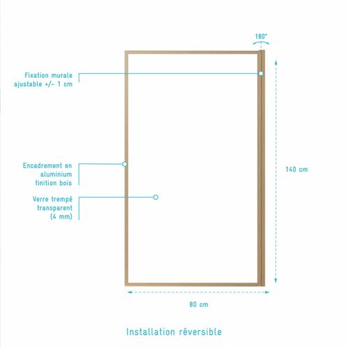 Pare Baignoire Rabattable 80x140 Cm - Cadre Aluminium Décor Bois - Verre Trempé Ondulé 4 Mm