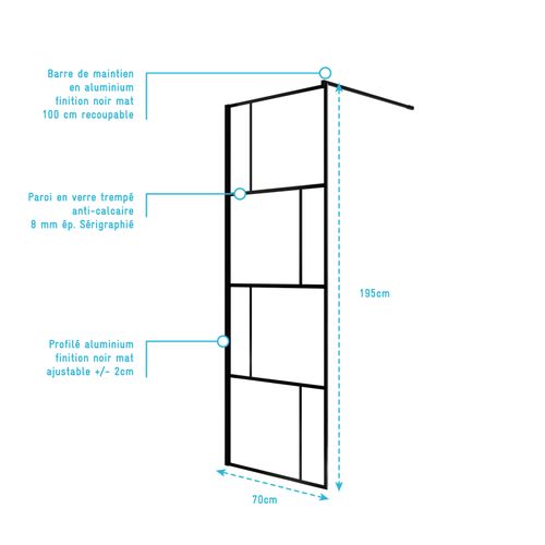 Paroi De Douche Serigraphie Brique 70x195cm - Verre Anticalcaire 8mm - Profilé Noir Mat