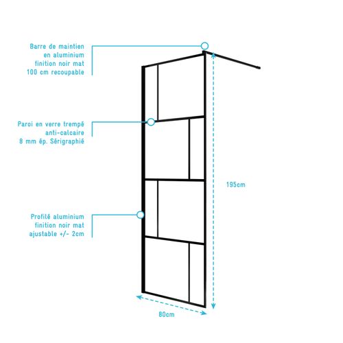 Paroi De Douche Serigraphie Brique 80x195cm - Verre Anticalcaire 8mm - Profilé Noir Mat