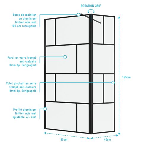 Paroi De Douche Avec Volet Pivotant 80+40x195cm - Verre 8mm Anticalcaire - Motifs Et Profilés Noir