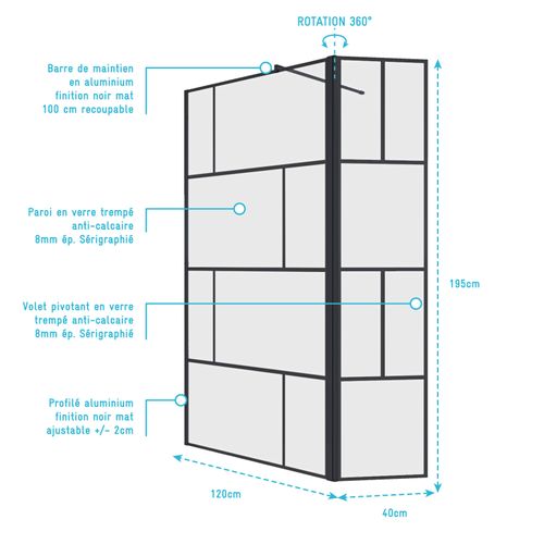 Paroi De Douche Avec Volet Pivotant 120+40x195cm - Verre 8mm Anticalcaire - Motifs Et Profilés Noir