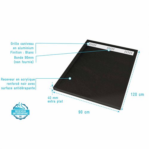Receveur En Acrylique Noir Effet Pierre 90x120x4 Cm + Grilles Linéaires Chrome Et Blanche Mate