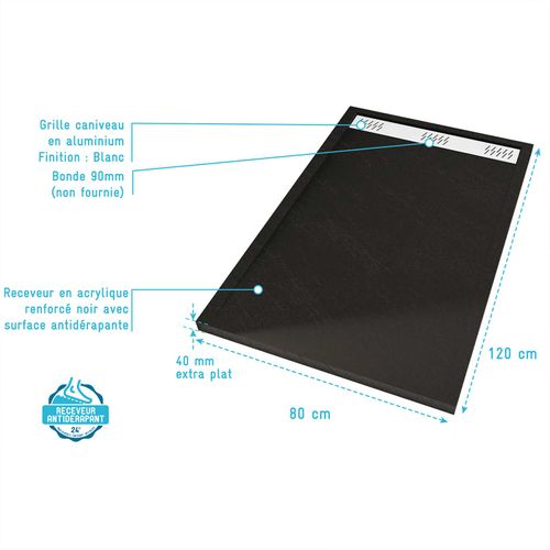 Receveur En Acrylique Noir Effet Pierre 80x120x4 Cm + Grilles Linéaires Chrome Et Blanche Mate