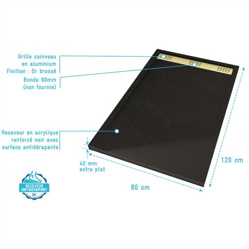 Receveur En Acrylique Noir Effet Pierre 80x120x4 Cm + Grilles Linéaires Chrome Et Or Brossé