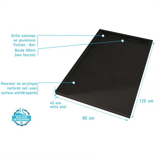 Receveur En Acrylique Noir Effet Pierre 80x120x4 Cm + Grilles Linéaires Chrome Et Noire Mate