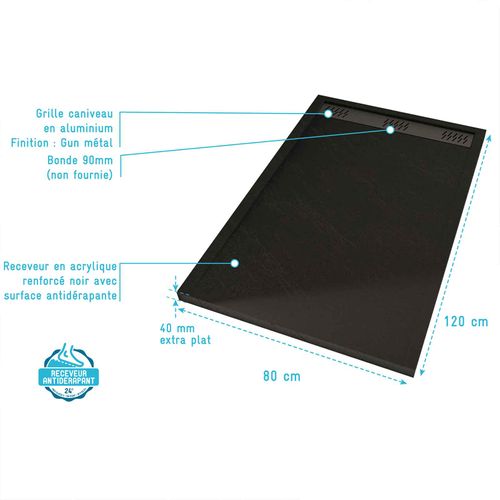 Receveur En Acrylique Noir Effet Pierre 80x120x4 Cm + Grilles Linéaires Chrome Et Gun Metal