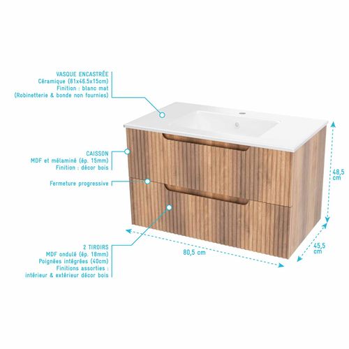 Meuble Et Colonne De Salle De Bains Leon 80cm Décor Bois - Façades Ondulées - Vasque Blanche Mate