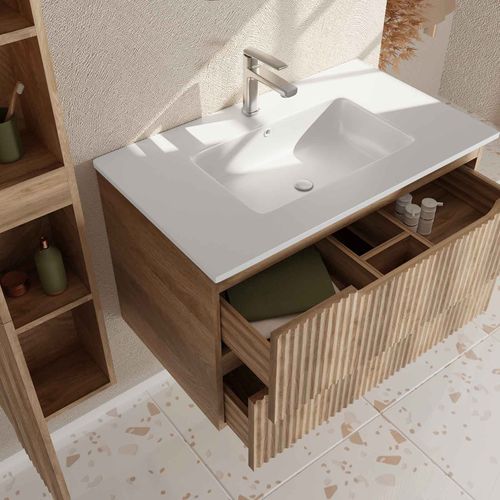 Meuble Et Colonne De Salle De Bains Leon 80cm Décor Bois - Façades Ondulées - Vasque Blanche Mate