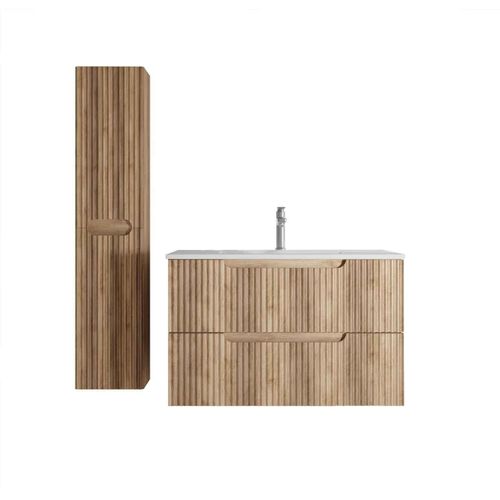 Meuble Et Colonne De Salle De Bains Leon 80cm Décor Bois - Façades Ondulées - Vasque Blanche Mate