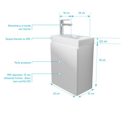 Meuble Lave Mains Blanc 40x50x22 Cm Avec Vasque En Smc - Elementary