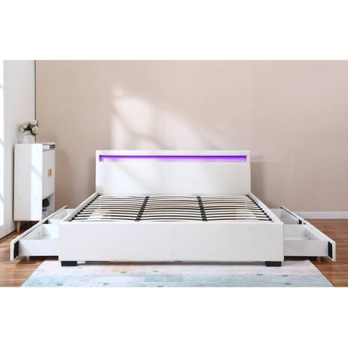 Lit LED Double Avec 4 Tiroirs "nico" - 180 X 200 Cm - Blanc