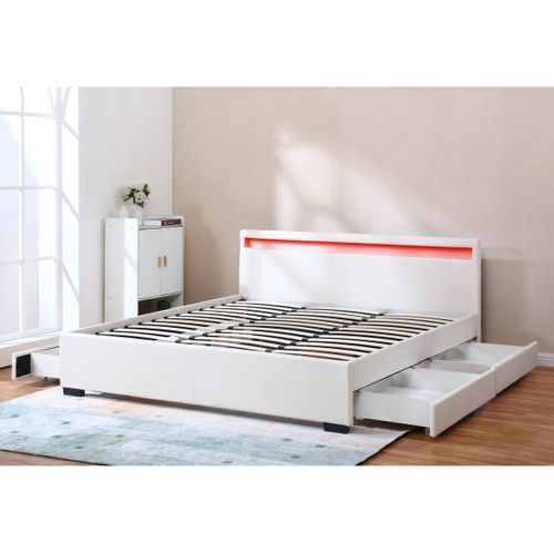 Lit LED Double Avec 4 Tiroirs "nico" - 180 X 200 Cm - Blanc