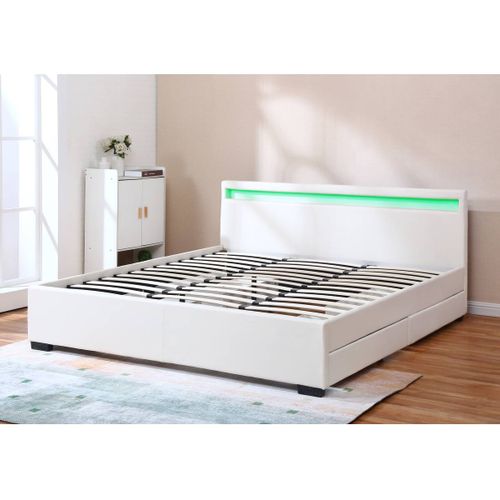 Lit LED Double Avec 4 Tiroirs "nico" - 180 X 200 Cm - Blanc