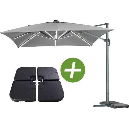 Parasol Jardin Déporté LED Alu "sun 3 Luxe" - Carré - 3 X 3 M - Coloris Gris - Dalles Lestées Inclus
