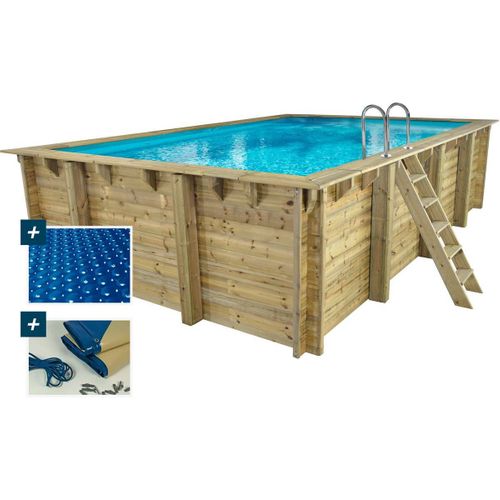 Piscine Bois Rectangle " Panama "- 6.20 X 4.10 X 1.45 M + Bâche à Bulles 180 Μ - Bâche Hiver 280 G/m