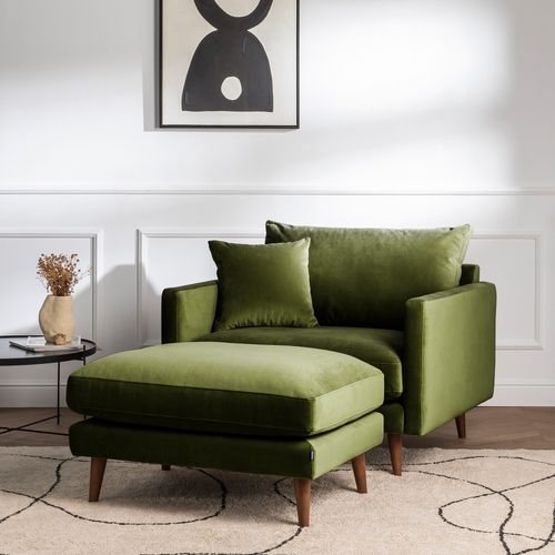 Pouf En Velours Pieds Bois Foncé