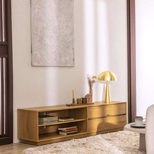 Meuble TV 2 Tiroirs, 2 Niches En Bois L180cm