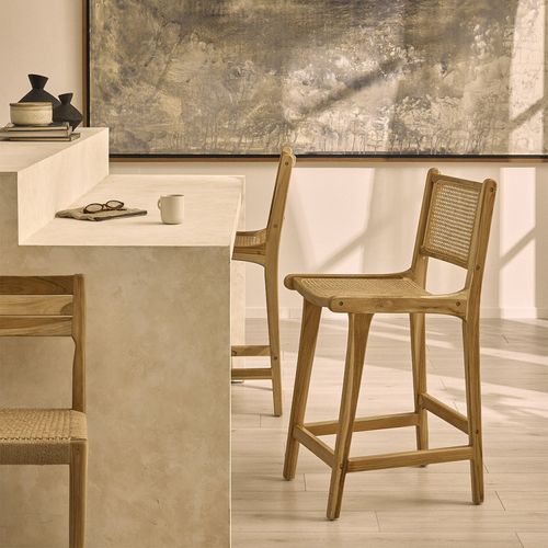Lot De 2 Tabourets De Bar En Teck Et Cannage H65cm
