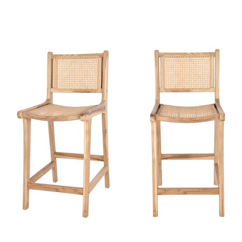 Lot De 2 Tabourets De Bar En Teck Et Cannage H65cm