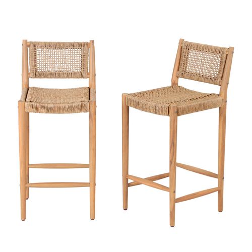 Lot De 2 Tabourets De Bar Intérieur/extérieur En Bois D'acacia Et Résine Tressée H66cm